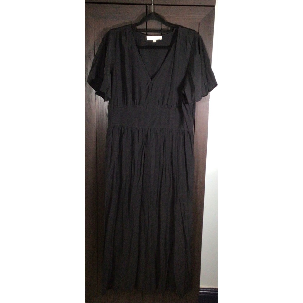 LOFT Black Empire Waist Midi Dress V-Neck Flutter Sleeve Smocked Back Size 14